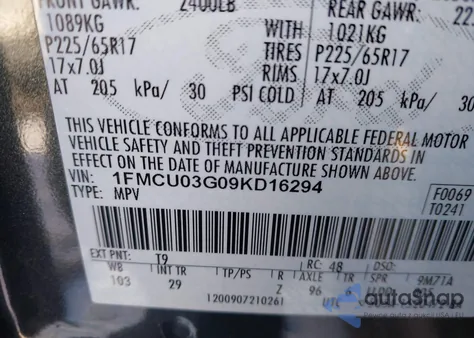 2009 Ford Escape Xlt from USA, damaged, VIN 1FMCU03G09KD16294